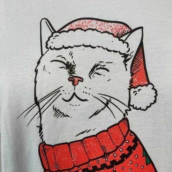 alstyle Cat In Ugly Christmas Sweater and Hat Graphic T-Shirt Size M Light Blue - Picture 3 of 12